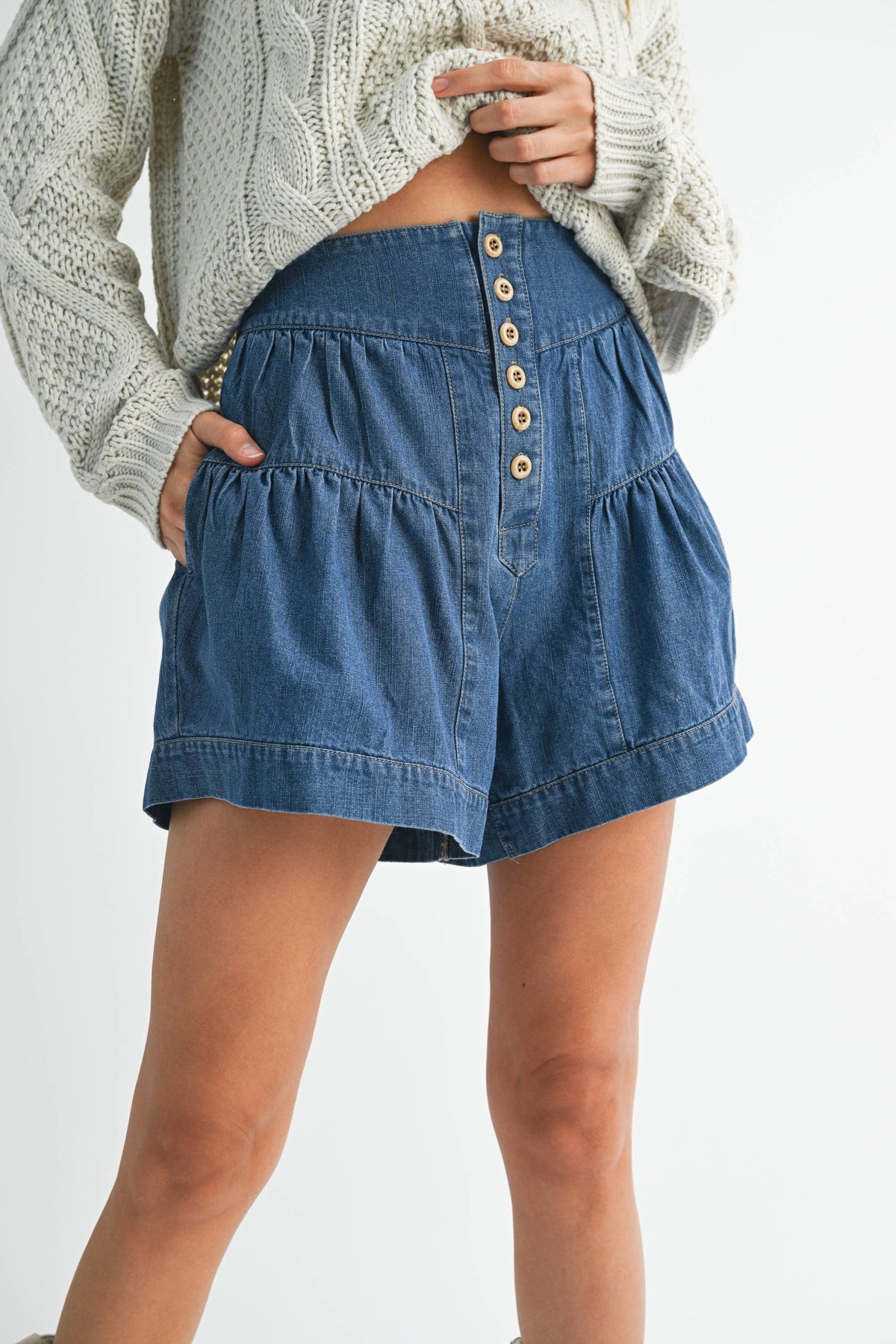High Rise Tiered Button Front Denim Shorts