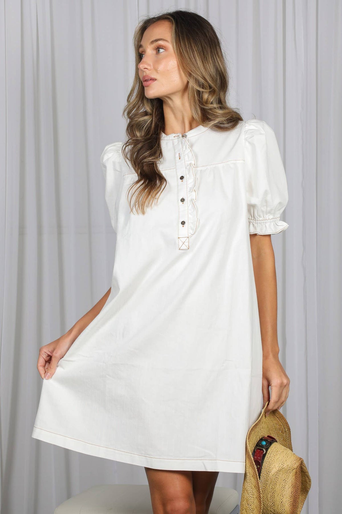Ruffled Button Placket Accent Casual Knee Dress