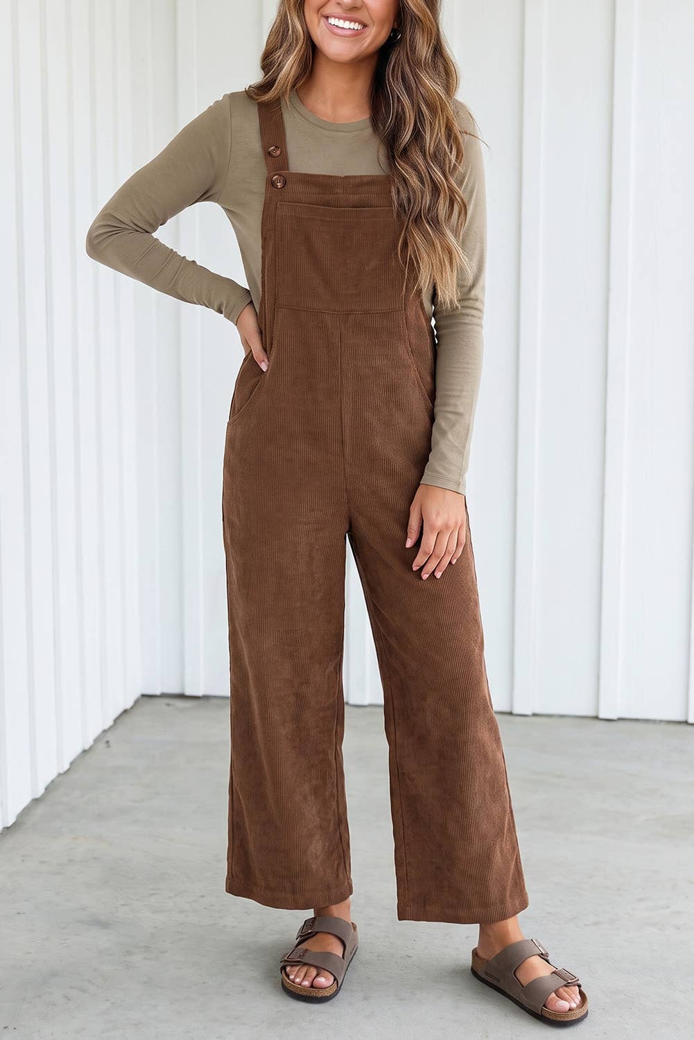 Solid Corduroy Wide Leg Ribbed Pocket Overalls