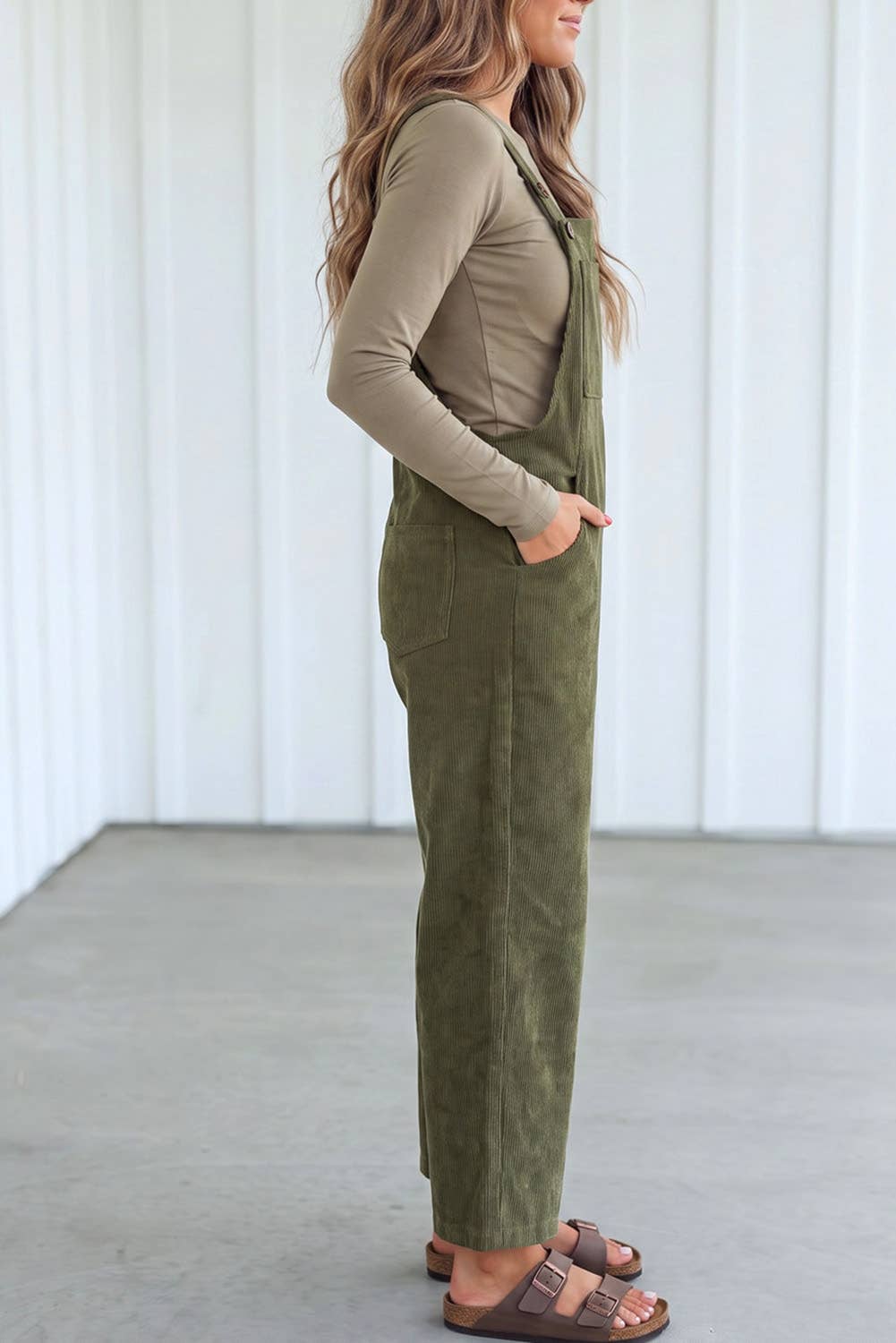 Solid Corduroy Wide Leg Ribbed Pocket Overalls
