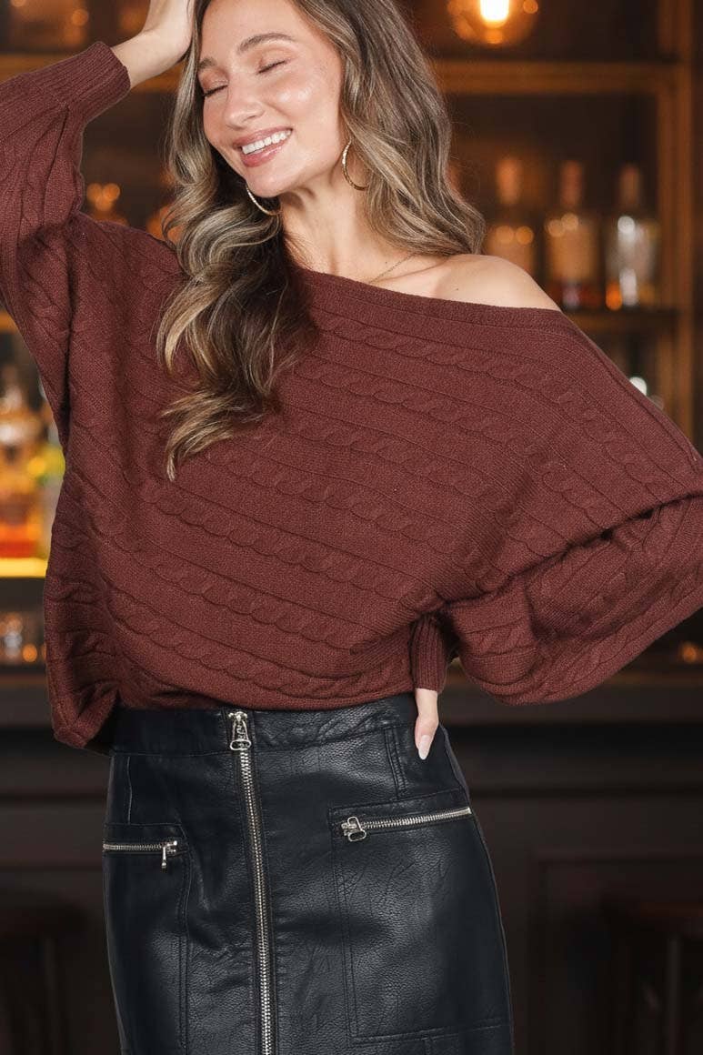 Boat Neck Dolman Sleeve Cable Knitted Sweater Top