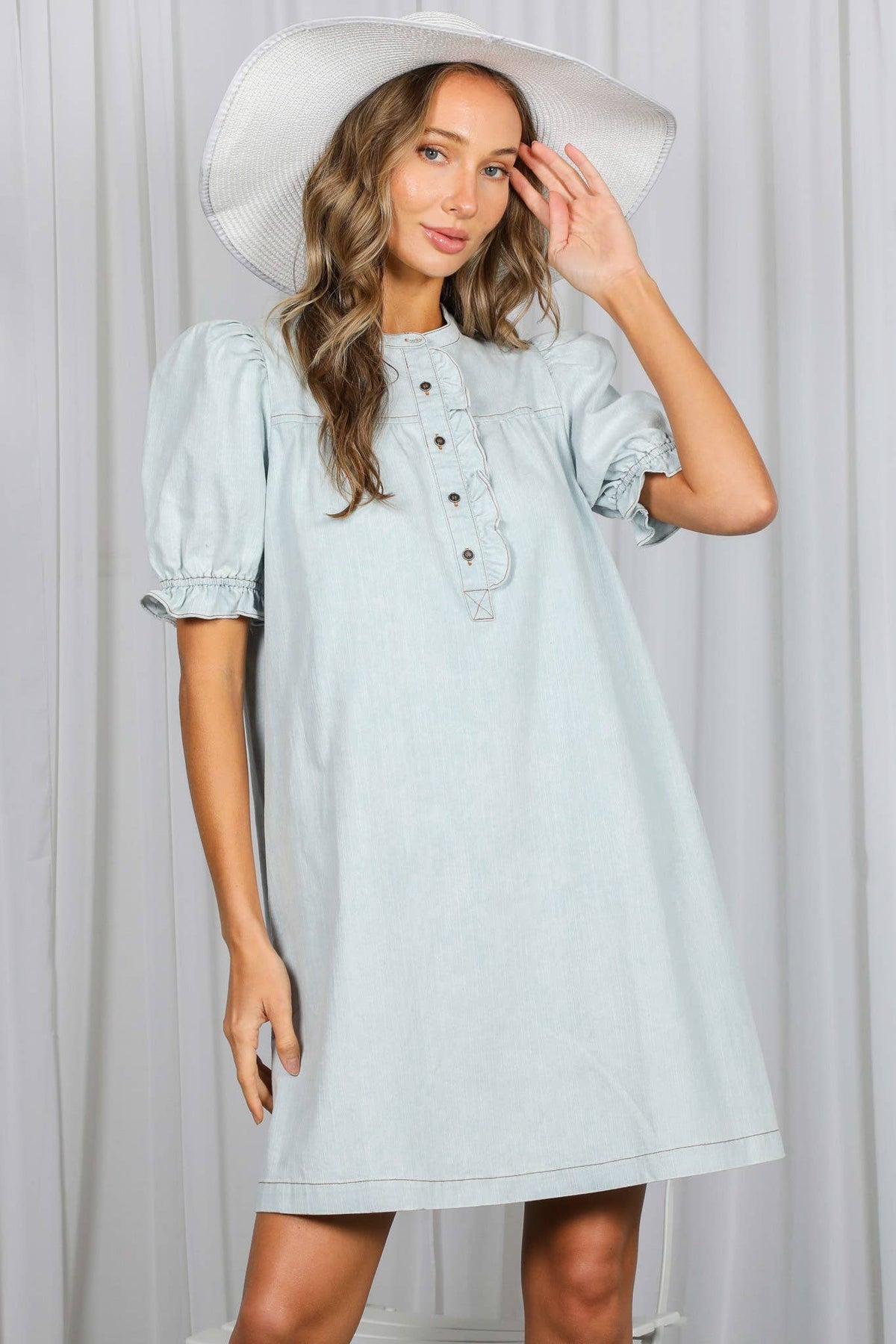 Ruffled Button Placket Accent Casual Knee Dress