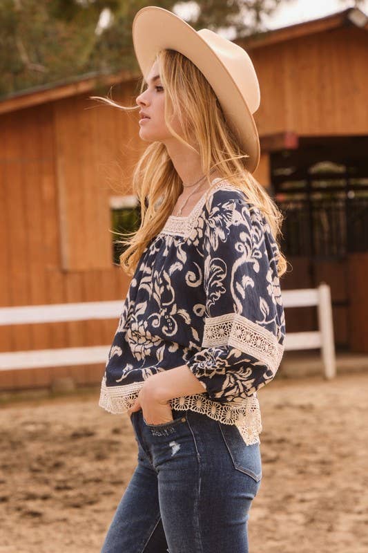 Paisley Print with Cotton Lace Trim Blouse