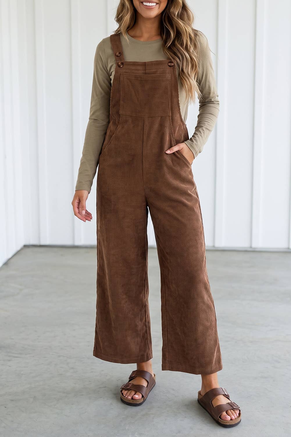 Solid Corduroy Wide Leg Ribbed Pocket Overalls