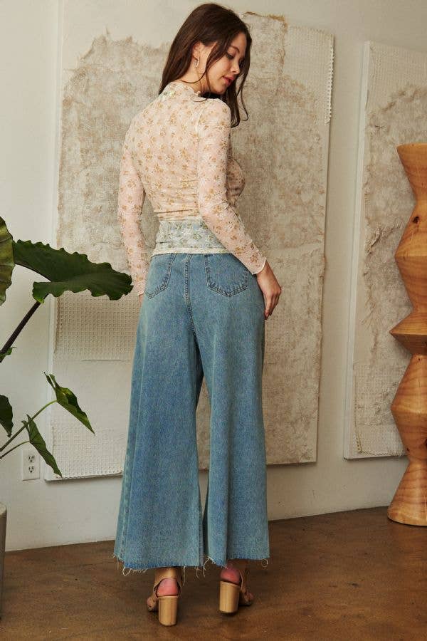 Floral Print Mock Neck Mesh Top