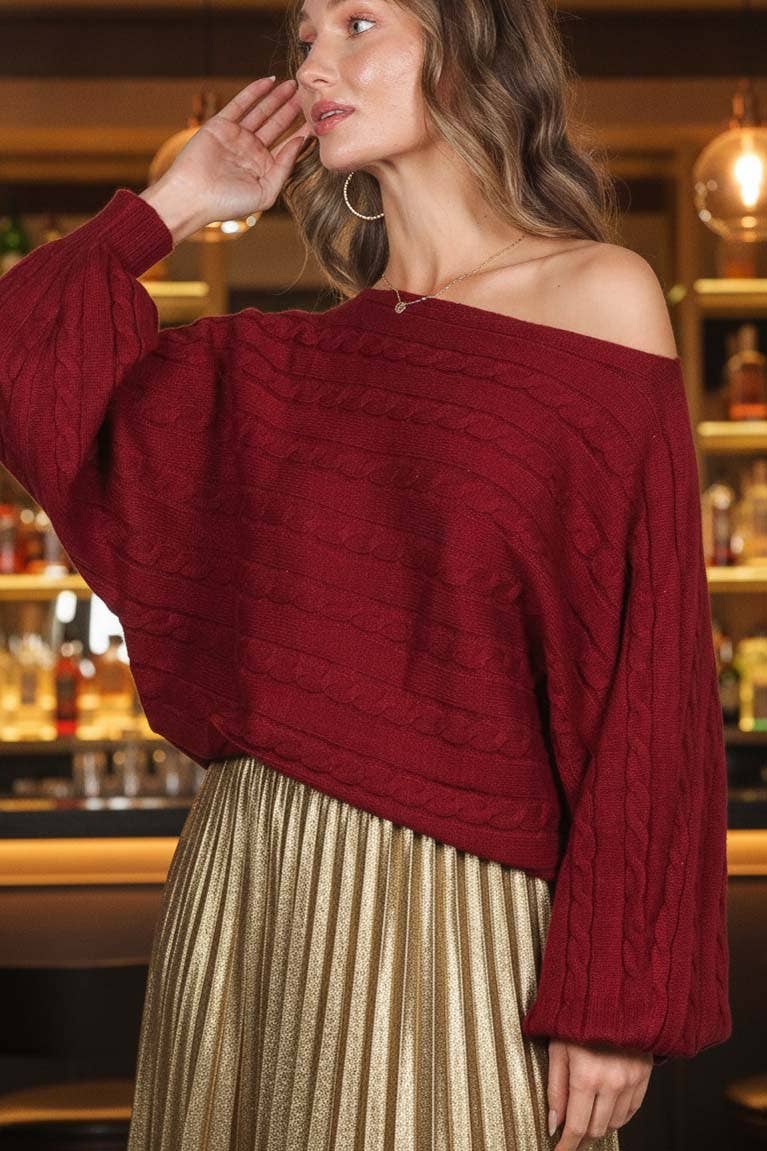 Boat Neck Dolman Sleeve Cable Knitted Sweater Top