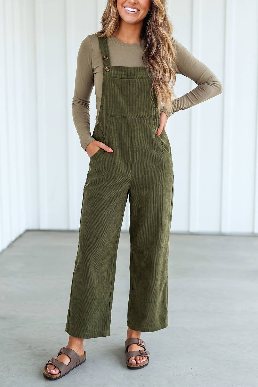 Solid Corduroy Wide Leg Ribbed Pocket Overalls