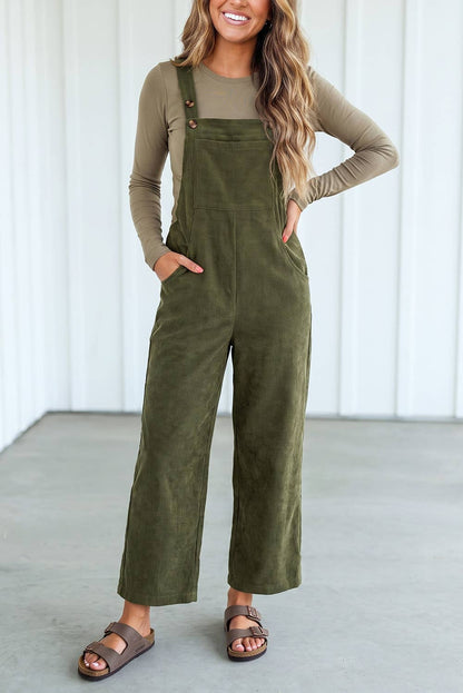 Solid Corduroy Wide Leg Ribbed Pocket Overalls