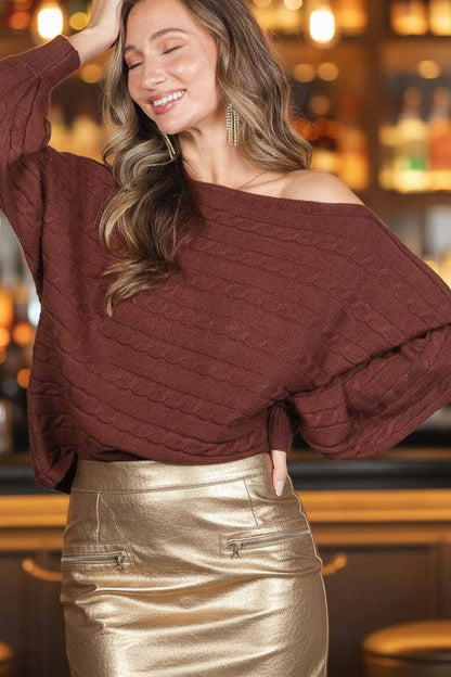 Boat Neck Dolman Sleeve Cable Knitted Sweater Top