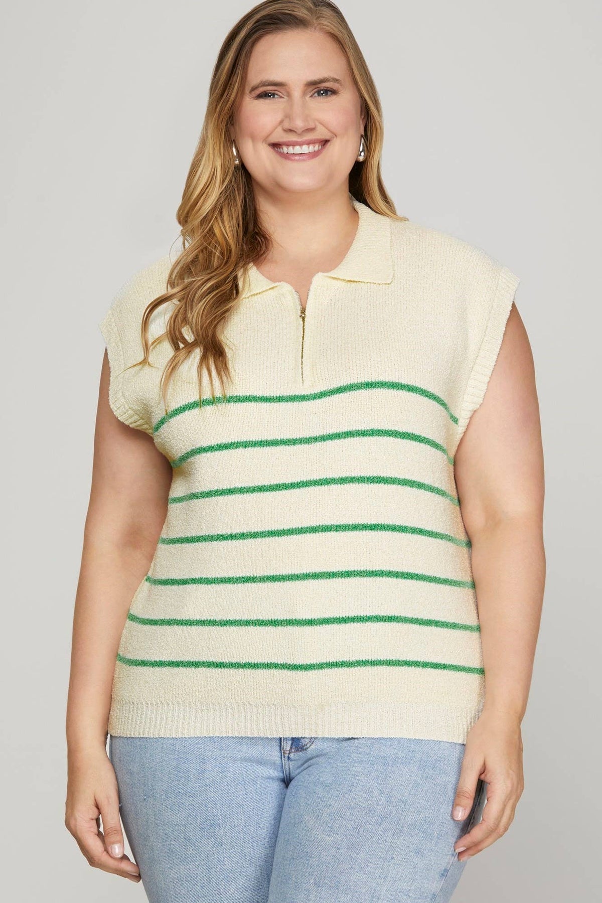 Drop Shoulder Half Zip Striped Sweater
