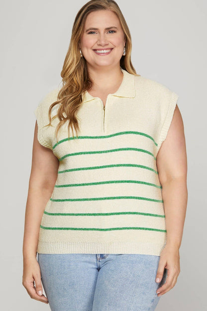 Drop Shoulder Half Zip Striped Sweater