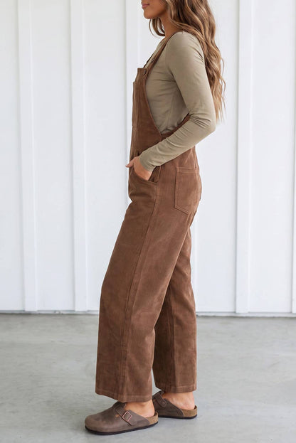 Solid Corduroy Wide Leg Ribbed Pocket Overalls