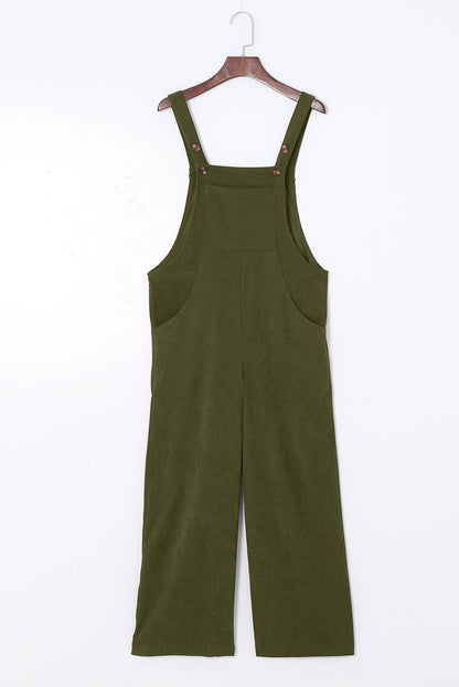 Solid Corduroy Wide Leg Ribbed Pocket Overalls