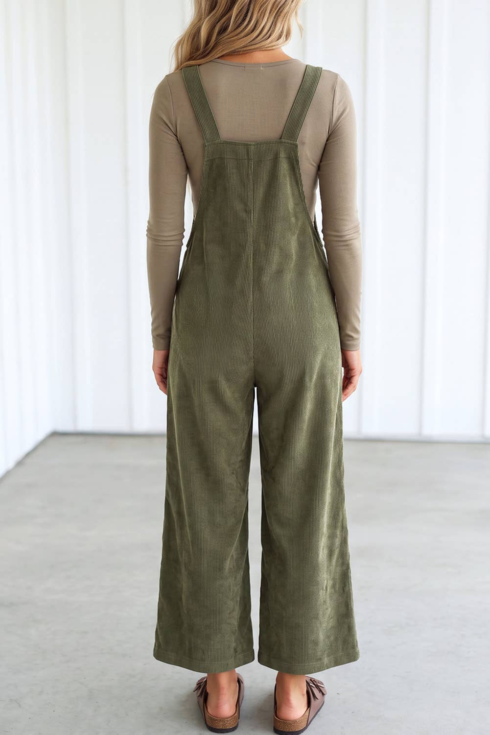 Solid Corduroy Wide Leg Ribbed Pocket Overalls