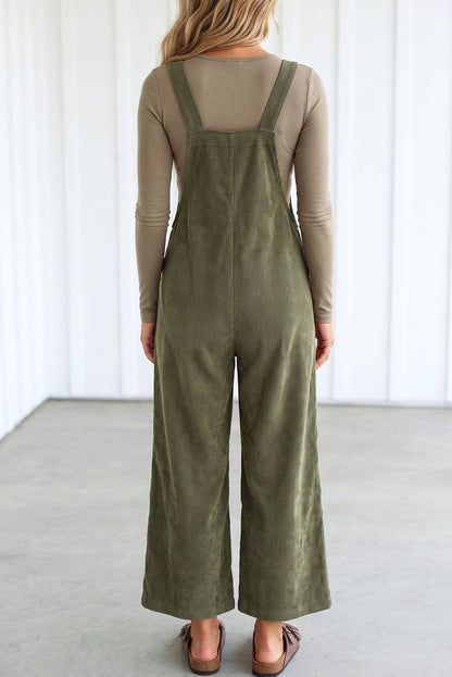 Solid Corduroy Wide Leg Ribbed Pocket Overalls