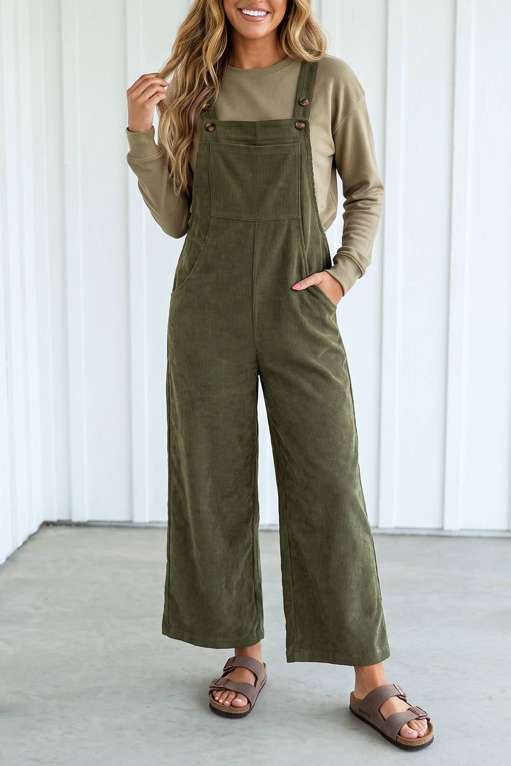 Solid Corduroy Wide Leg Ribbed Pocket Overalls