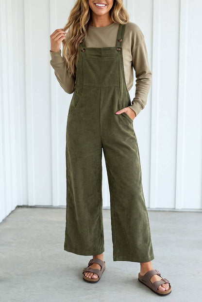 Solid Corduroy Wide Leg Ribbed Pocket Overalls