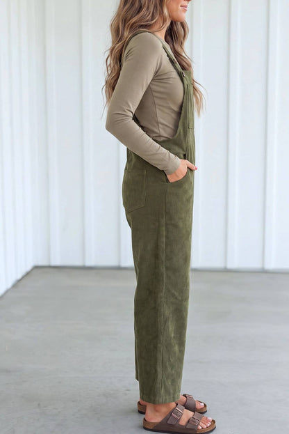Solid Corduroy Wide Leg Ribbed Pocket Overalls