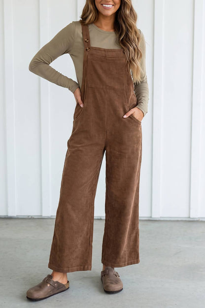 Solid Corduroy Wide Leg Ribbed Pocket Overalls