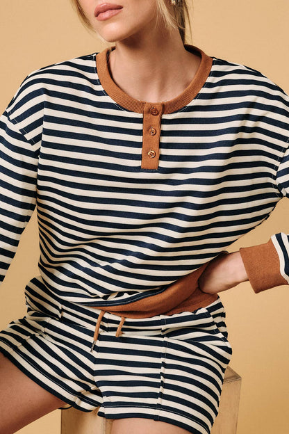 Henley Neck Contrast Trim Striped Sweatshirt
