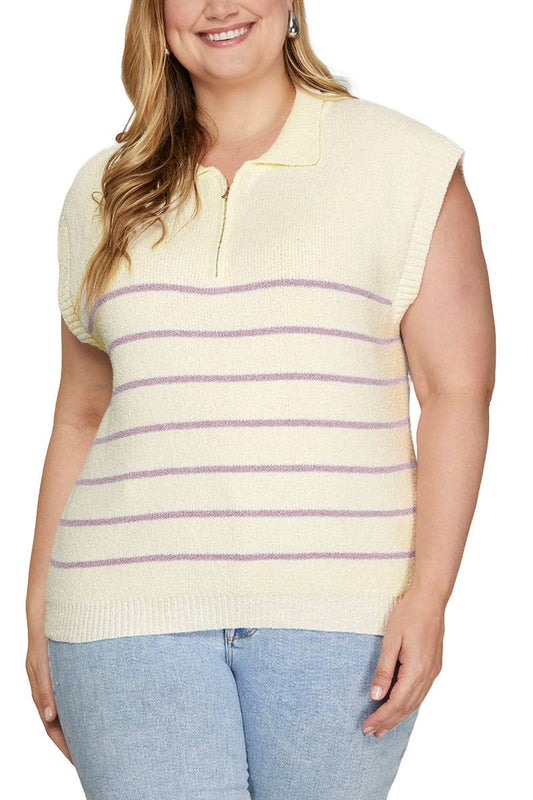 Drop Shoulder Half Zip Striped Sweater