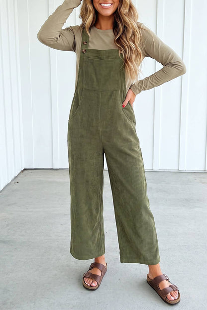 Solid Corduroy Wide Leg Ribbed Pocket Overalls
