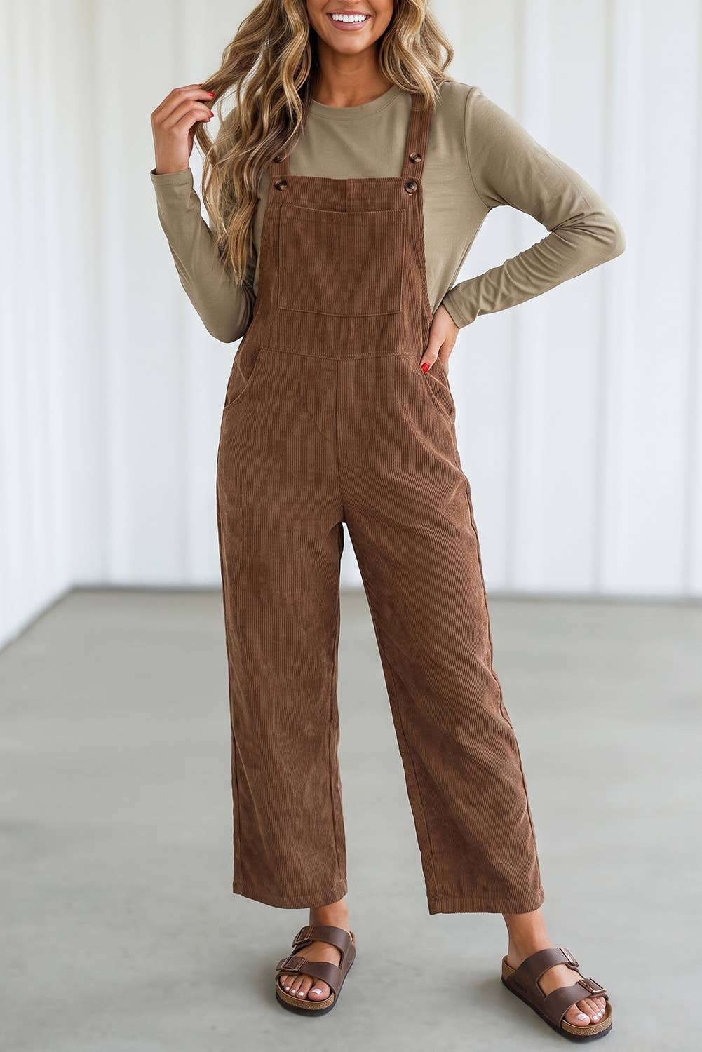 Solid Corduroy Wide Leg Ribbed Pocket Overalls