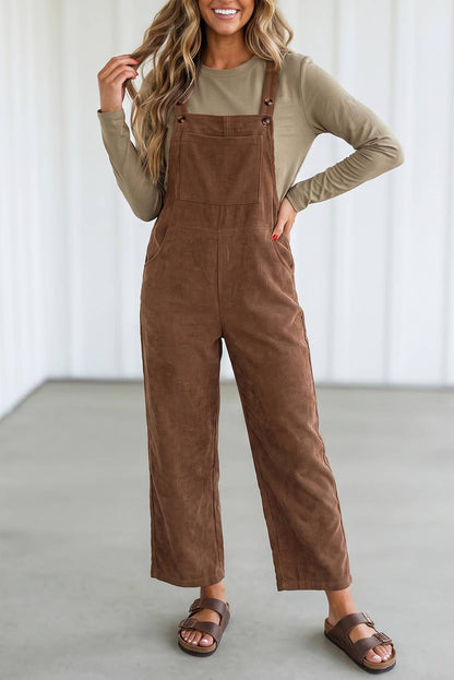 Solid Corduroy Wide Leg Ribbed Pocket Overalls