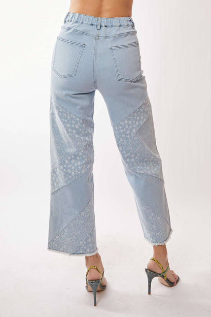 Floral Paisley Patchwork Wide-Leg Cropped Jeans