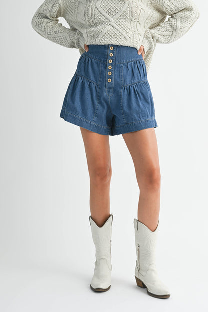 High Rise Tiered Button Front Denim Shorts