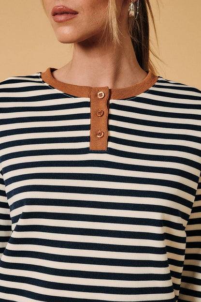 Henley Neck Contrast Trim Striped Sweatshirt