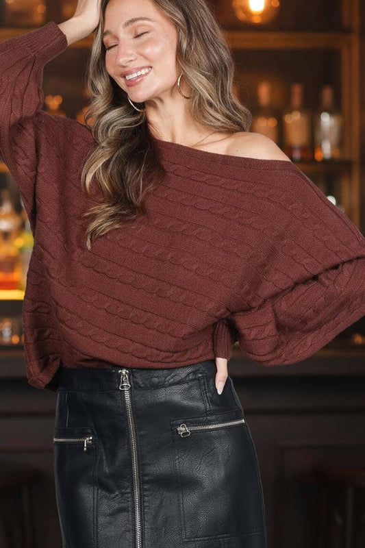 Boat Neck Dolman Sleeve Cable Knitted Sweater Top