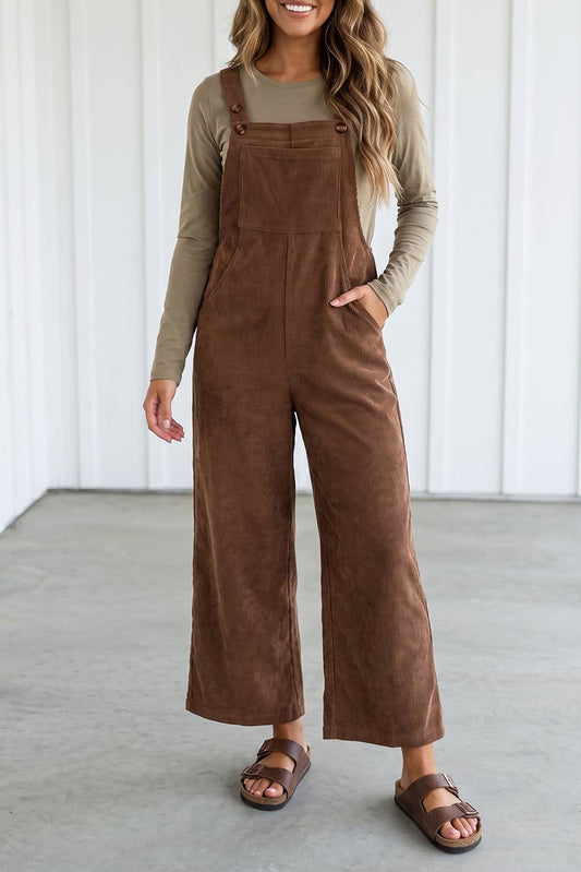 Solid Corduroy Wide Leg Ribbed Pocket Overalls