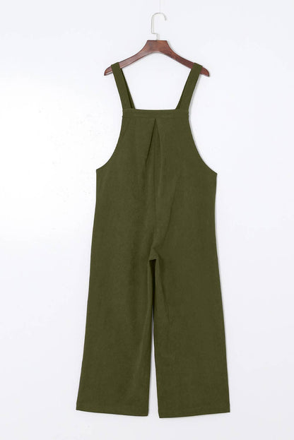 Solid Corduroy Wide Leg Ribbed Pocket Overalls