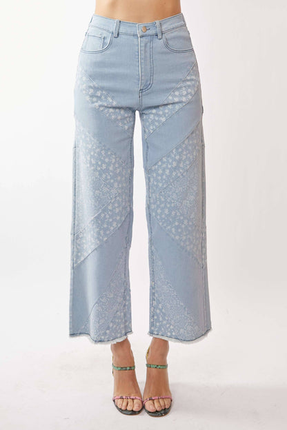 Floral Paisley Patchwork Wide-Leg Cropped Jeans
