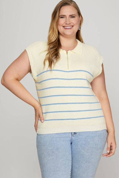 Drop Shoulder Half Zip Striped Sweater