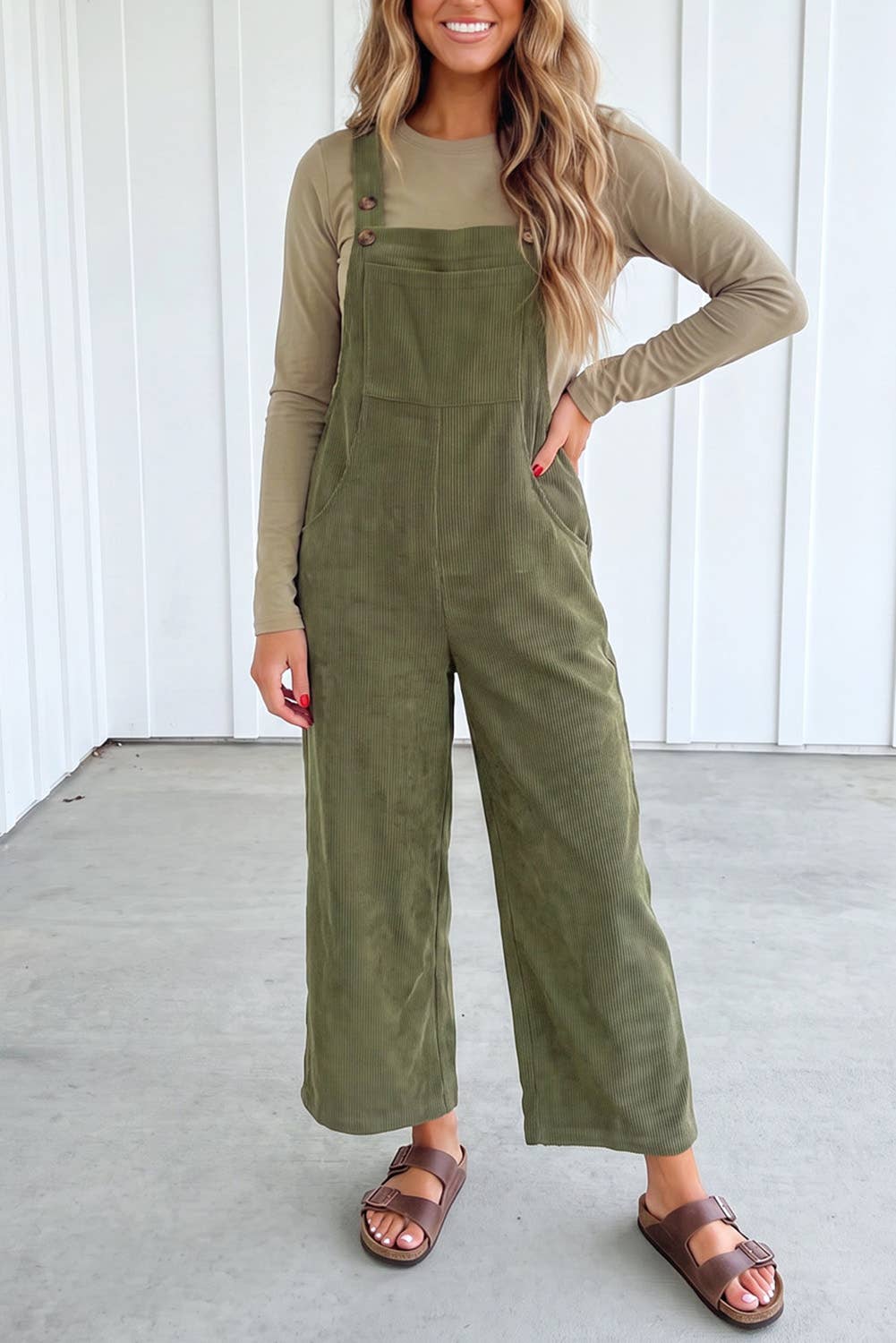 Solid Corduroy Wide Leg Ribbed Pocket Overalls