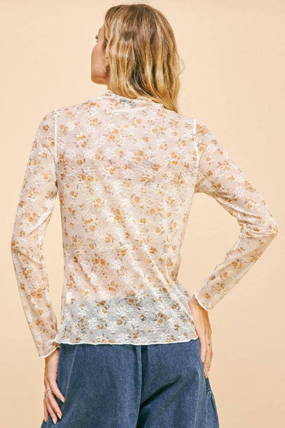 Floral Print Mock Neck Mesh Top
